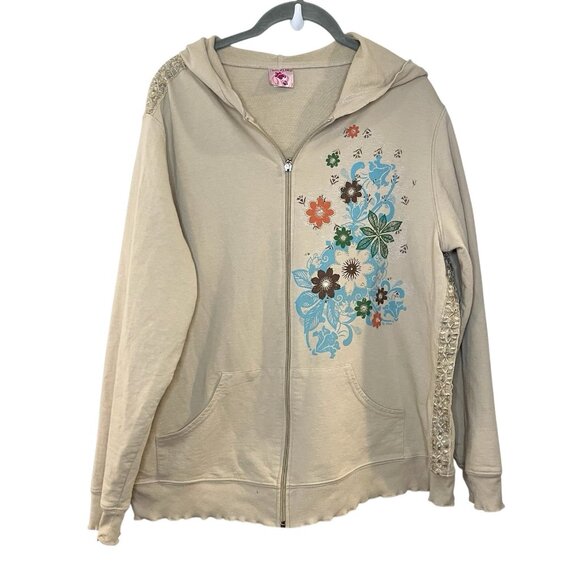 Vtg Y2K Big Flirt Tan Floral Print Full Zip Hoodie Sweatshirt Crochet Grunge 18 - Picture 1 of 6